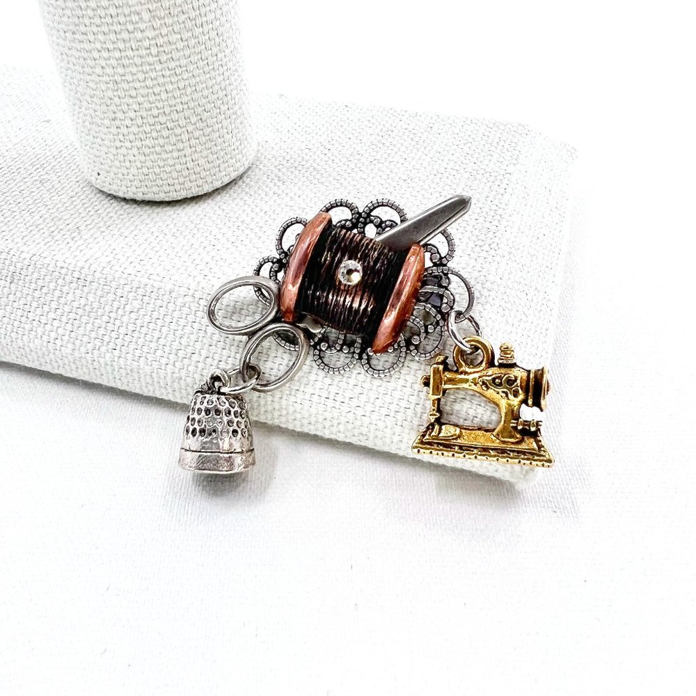 Seamstress Tri-Tone Scissors, Thread, Thimble & Sewing Machine Brooch Pin